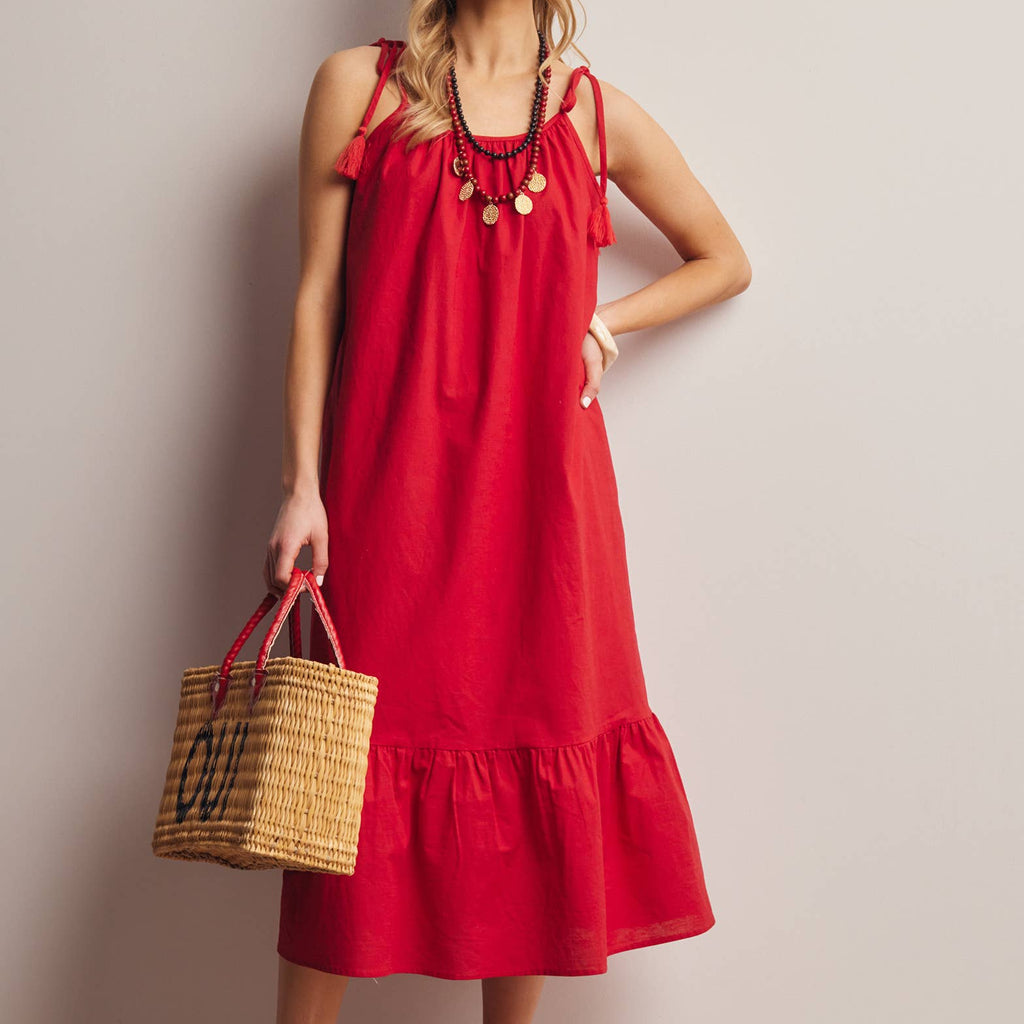 Red Tassel Strap Open-Back Midi Dress