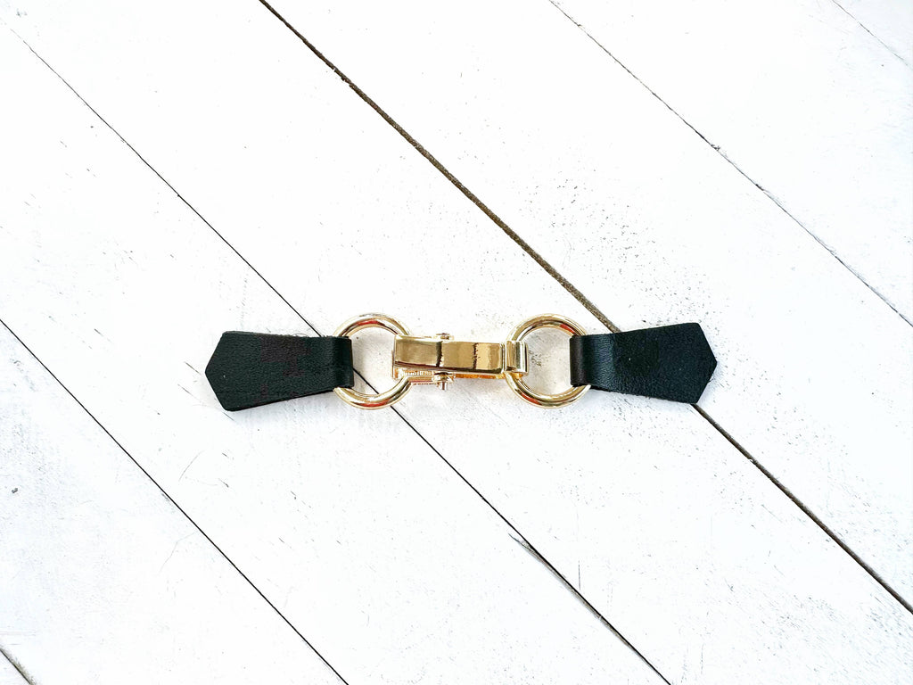 Gold Buckle & Black Leather Cinch Clip for Dress, Cardigan