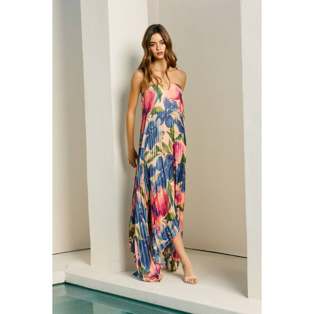 Floral Strapless Pleated Maxi Column Dress