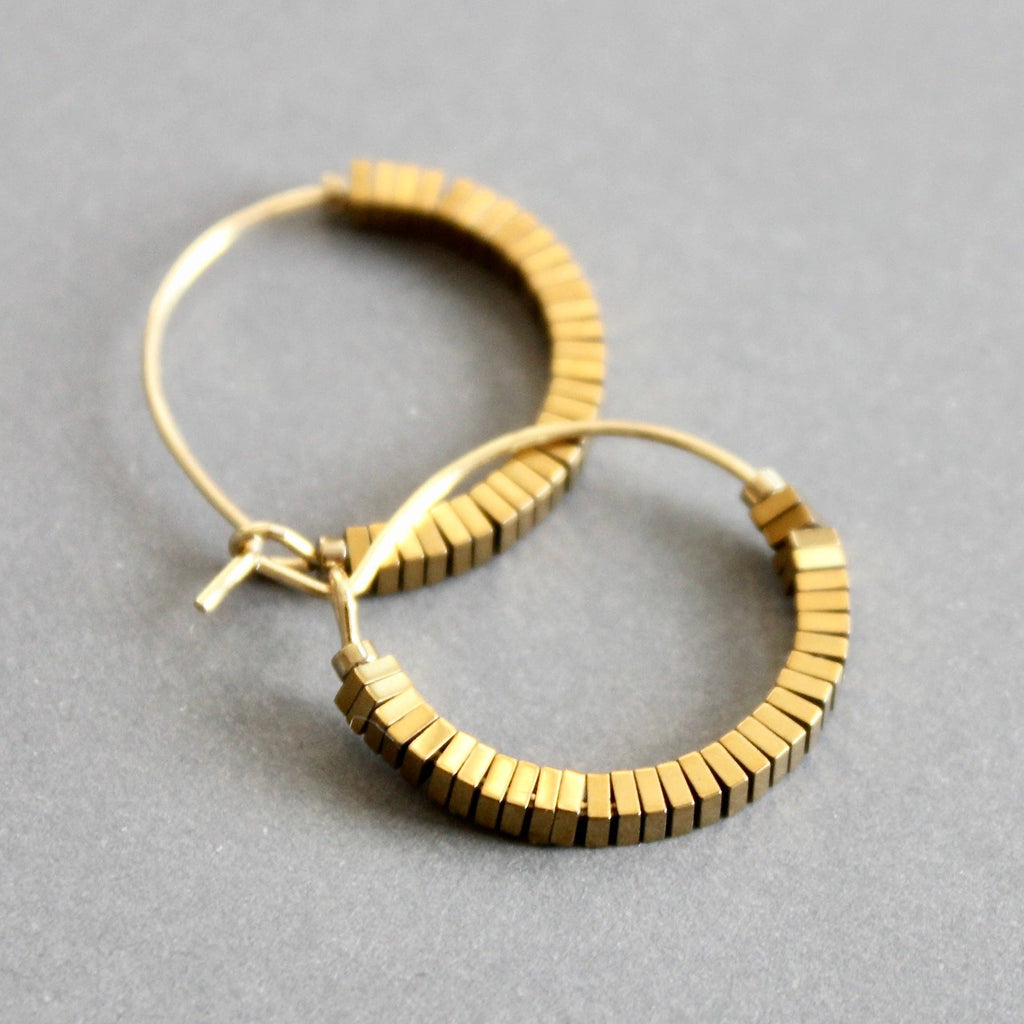 Mini gold hematite hoop earrings