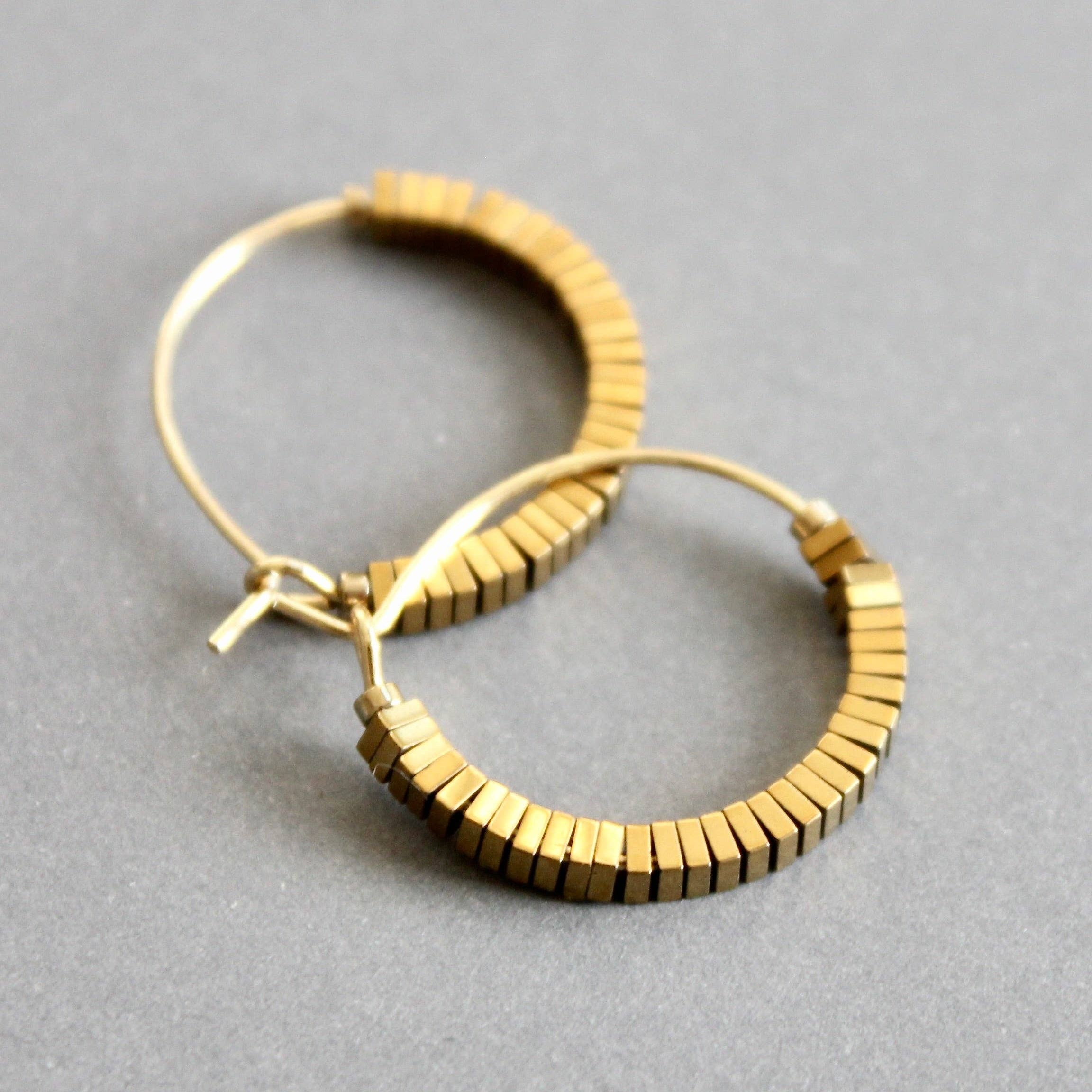 Mini gold hematite hoop earrings