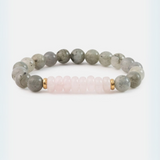 Close-up of Agape Divine Love Stone Beaded Bracelet featuring rose quartz and labradorite beads.