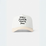 Close-up of the "What a Friend We Have in Jesus" embroidered trucker hat in cream and beige.