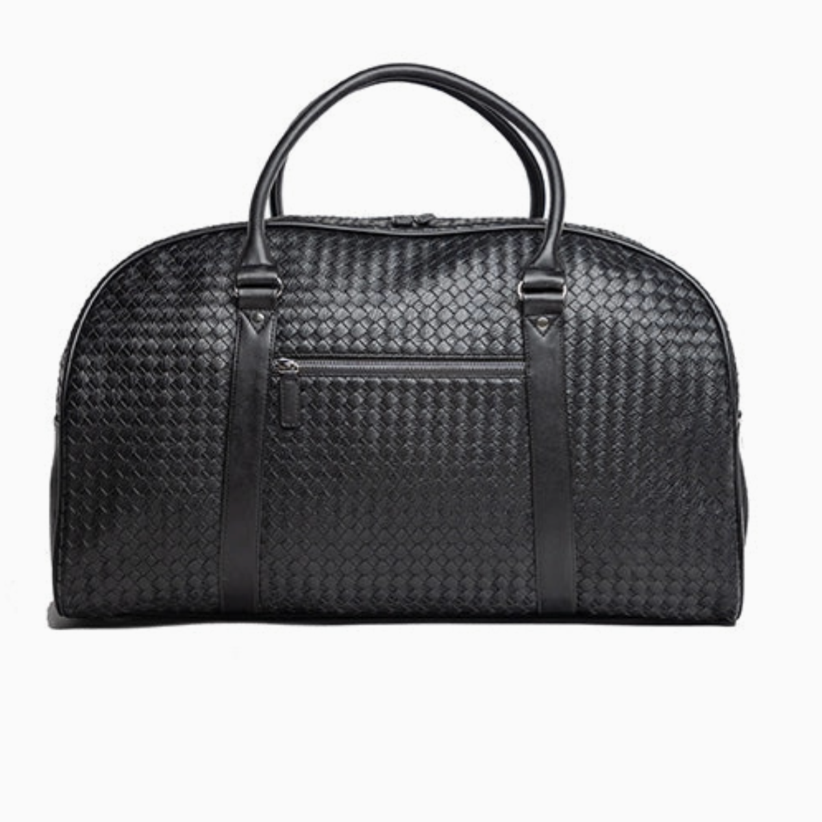 Black woven leather weekender duffel bag with top handles, front zipper pocket—ideal for travel and gym use.