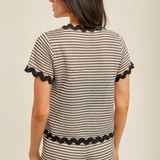 "Back view of crochet knit top with black scalloped trim on sleeves and hem"
