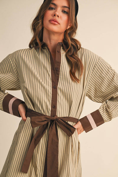 STRIPED BUTTON DOWN BELTED MINI DRESS MDR4225