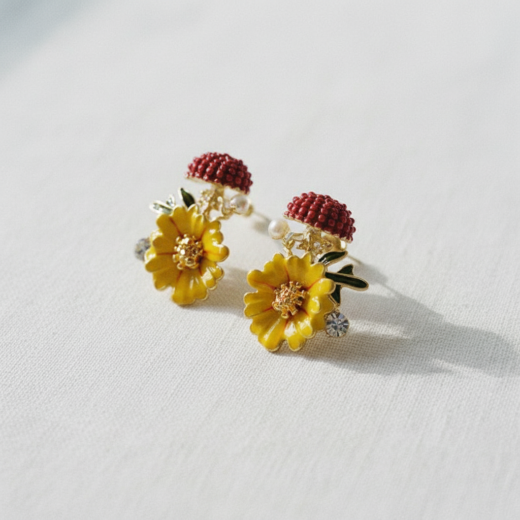 Vintage Yellow Camellia Enamel Stud Earrings