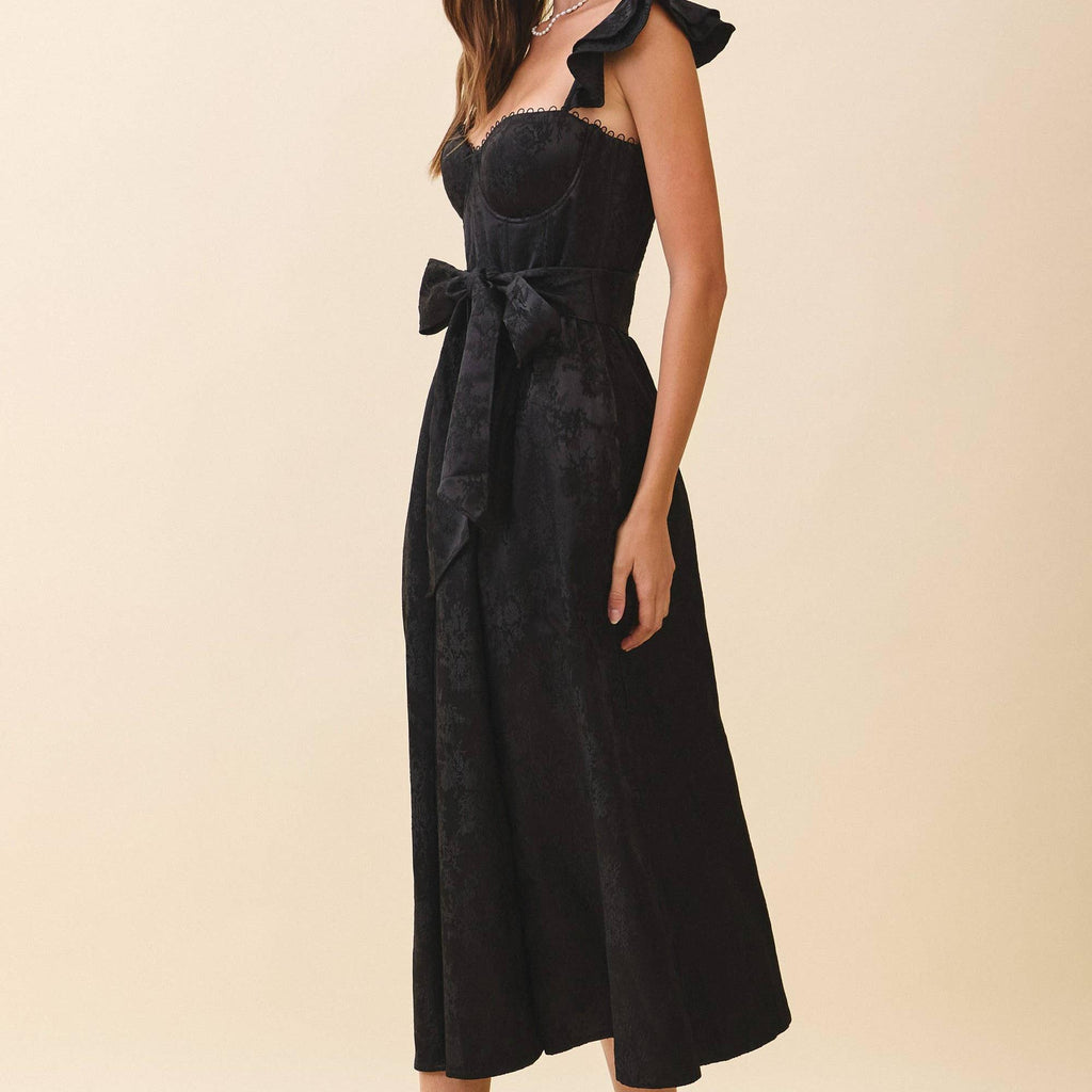 Jacquard Sweetheart Neck Ruffled Shoulder Dress