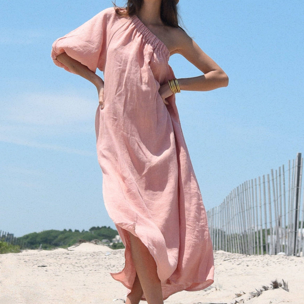 Milos Linen One-Shoulder Maxi Dress – Rose