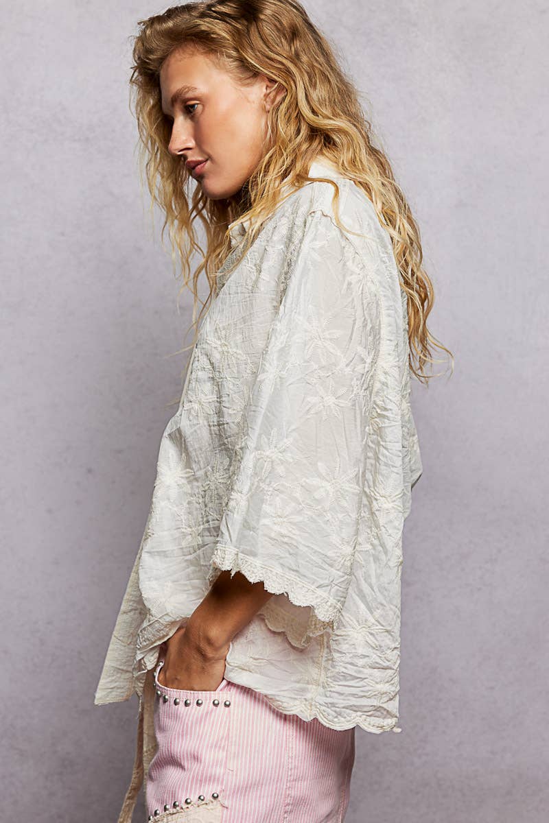 Scalloped Edges Embroidered Floral Half Sleeve Shirt