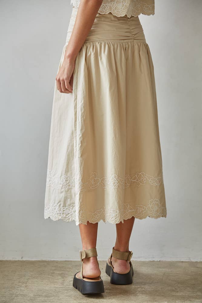 Woven Cotton Floral Embroidered Midi Skirt