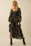 Floral-Print Smocked Sweetheart Maxi Peasant Dress