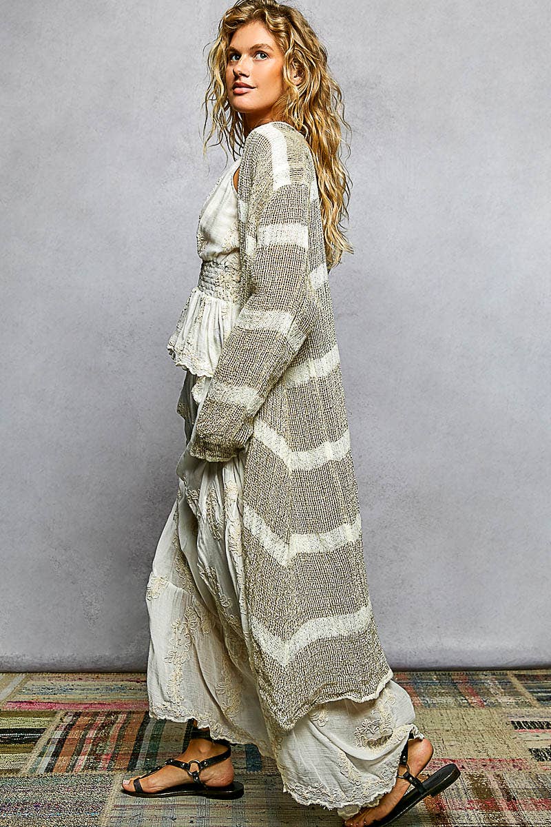 3/4 Sleeve Stripe Linen Open Cardigan