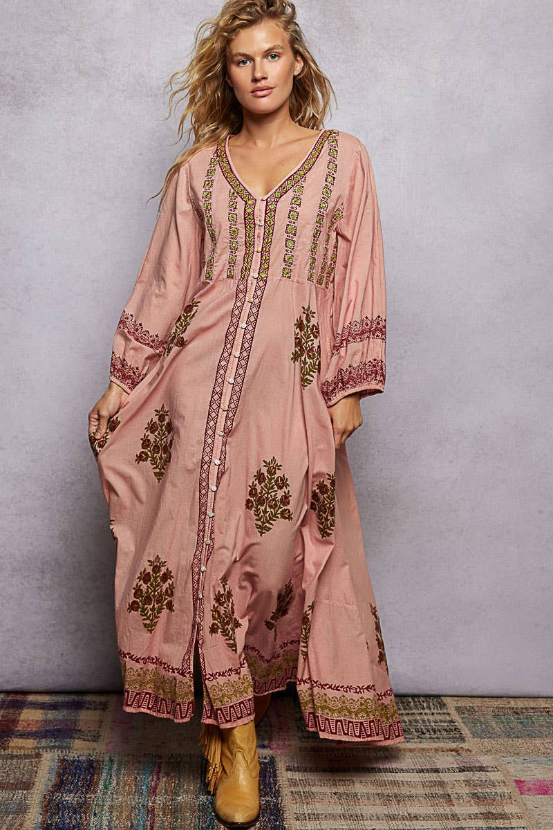 Embroidered Floral Print V-Neck Balloon Sleeve Maxi Dress