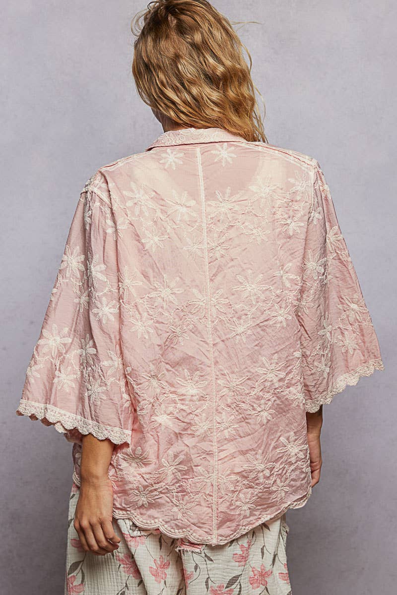 Scalloped Edges Embroidered Floral Half Sleeve Shirt