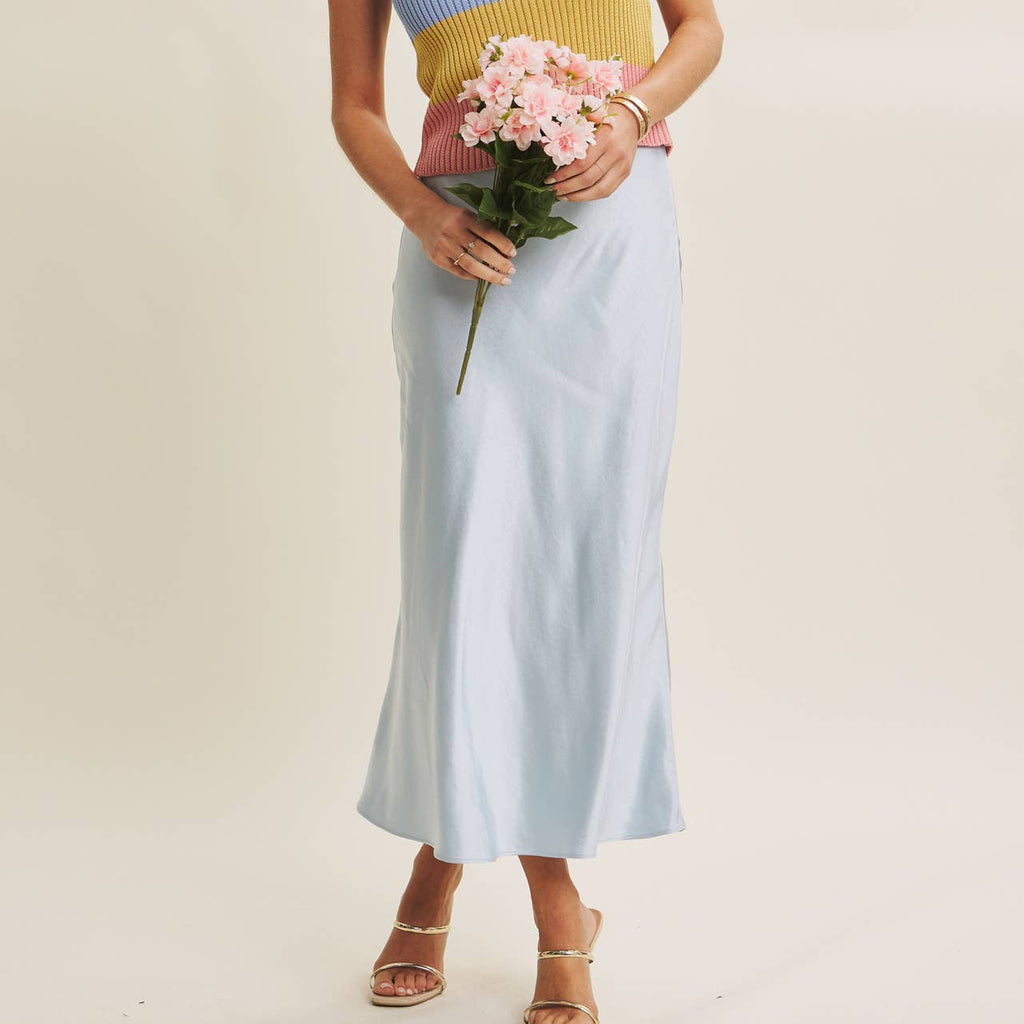 THICK SILKY SATIN BIAS CUT MAXI SKIRT: CLOUD BLUE