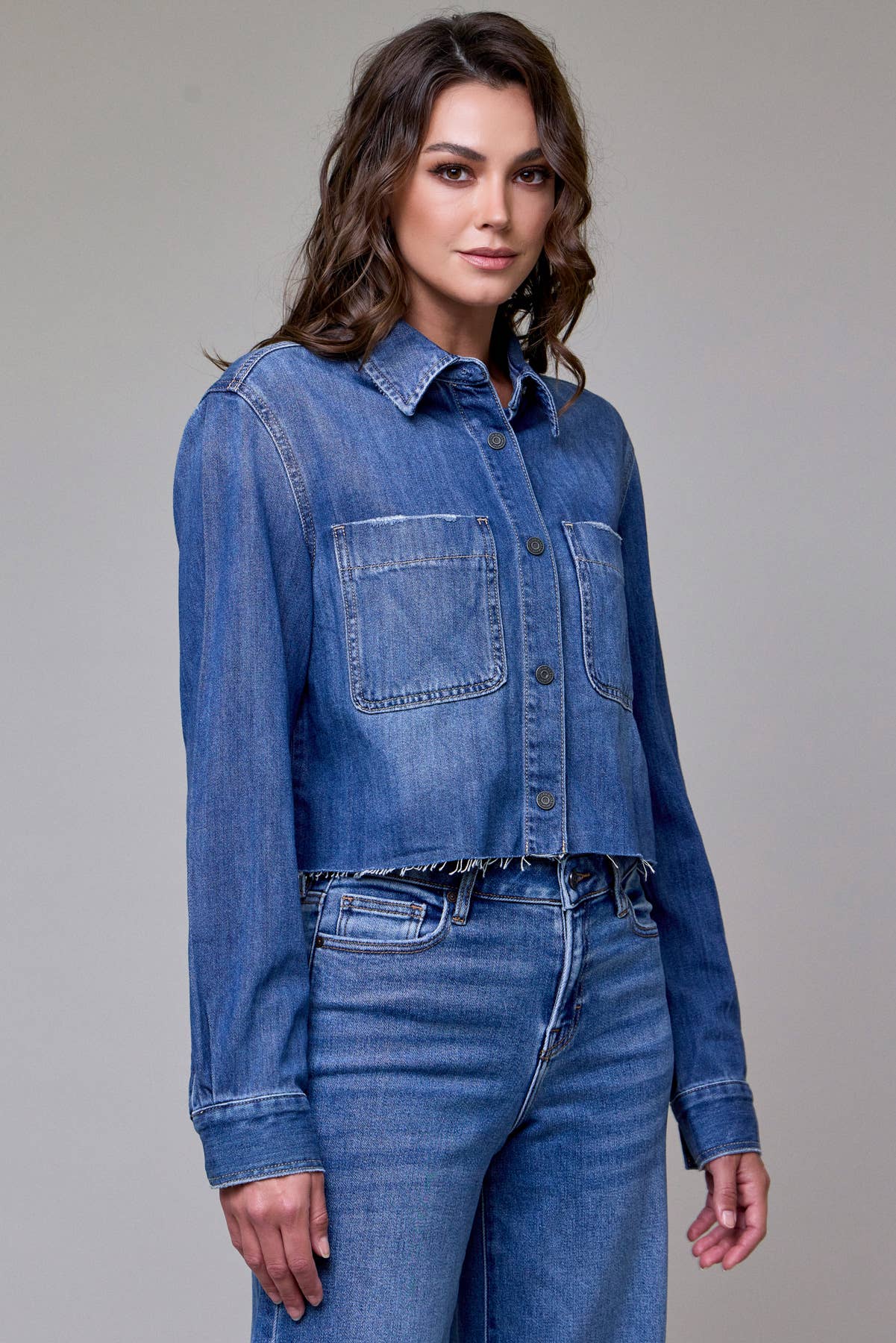 Medium Wash Cropped Denim Shirt