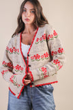 12W3524N-Floral Graphic Detail Knit Sweater Cardigan