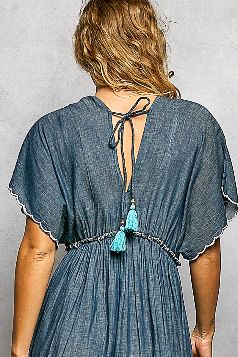 Embroidery Ruffle Neck Loop Cotton Denim V-neck Long Dress
