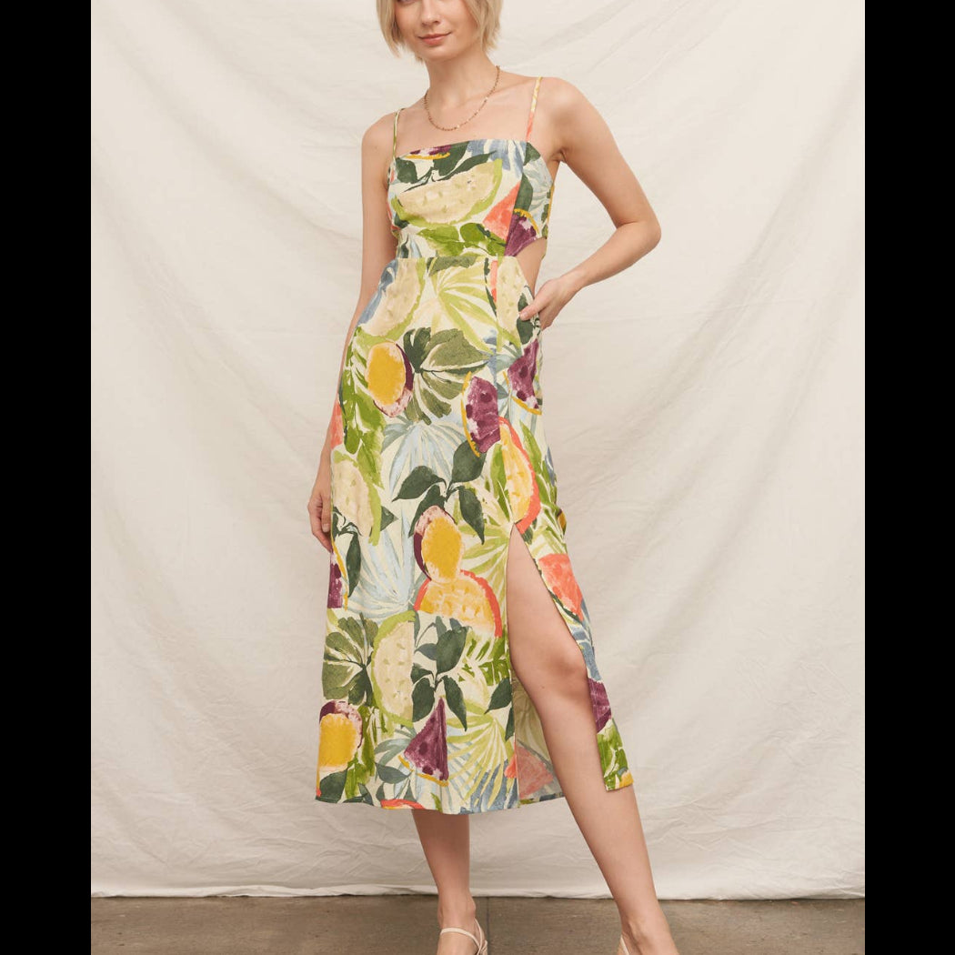Tropical Fruit Print Sleeveless Midi Dress with Tie-Back