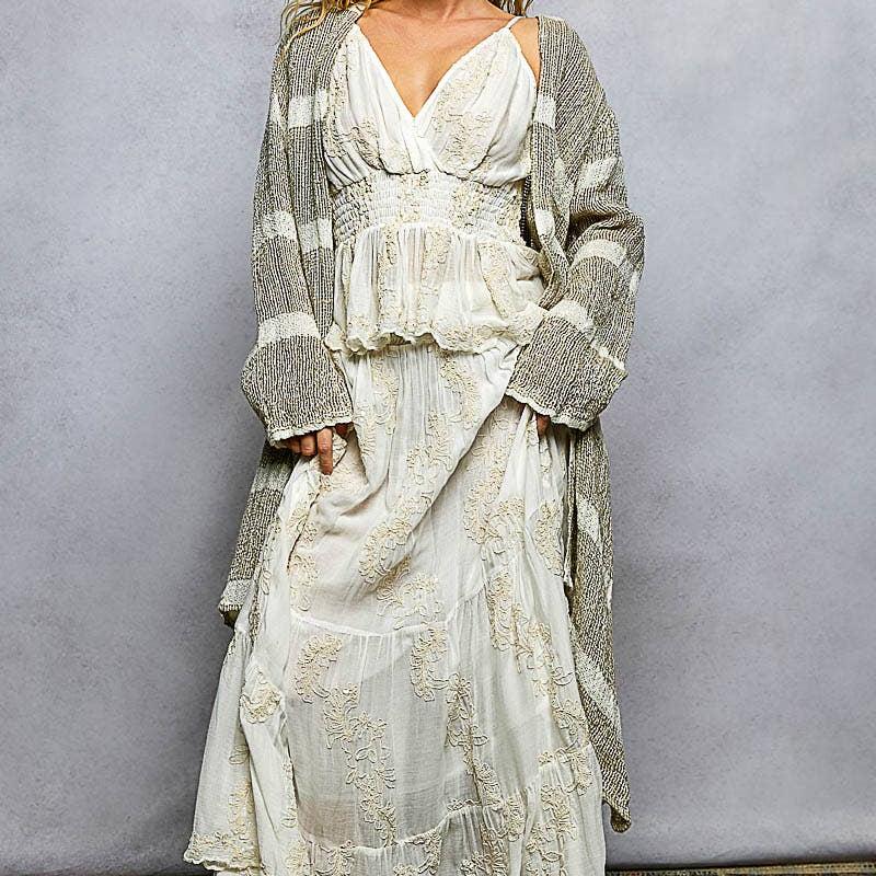 3/4 Sleeve Stripe Linen Open Cardigan