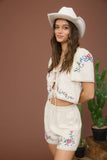 Floral Embroidery Crop Tie Blouse