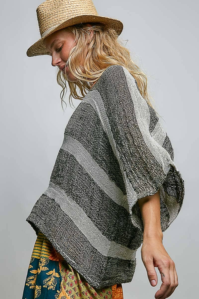 V Neck Short Sleeve Linen Stripe Pattern Woven Top