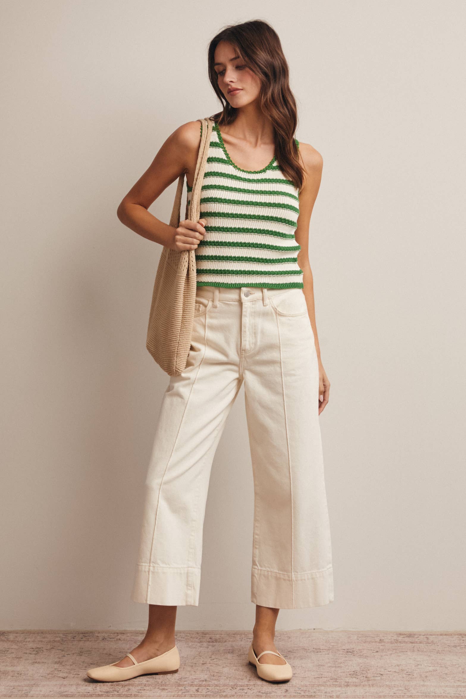 Green Striped Crochet Knit Tank