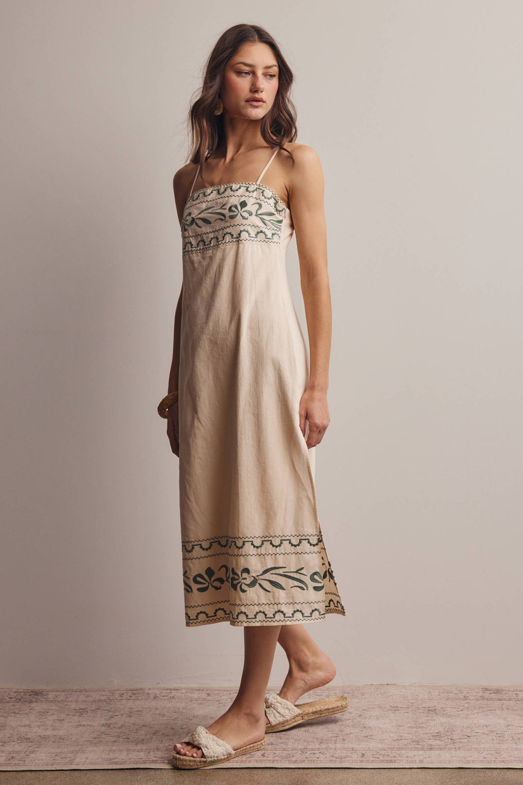 Embroidered Straight-Neck Cotton Midi Dress