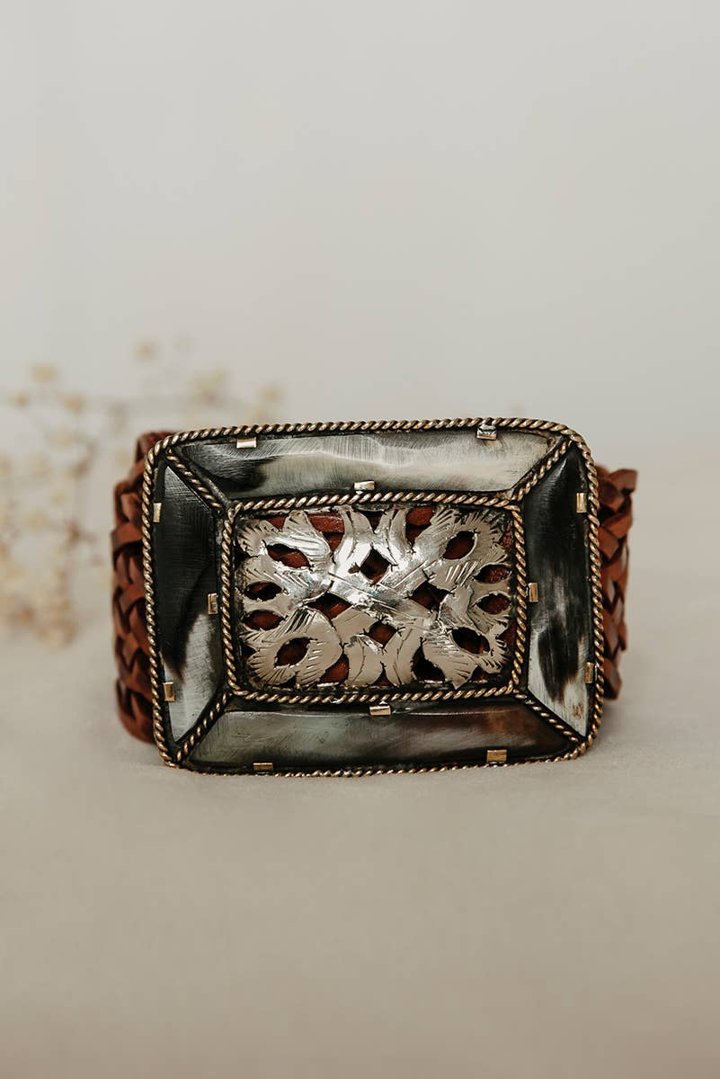 BROWN LEATHER BELT WIDE SQUARE EMPIRE