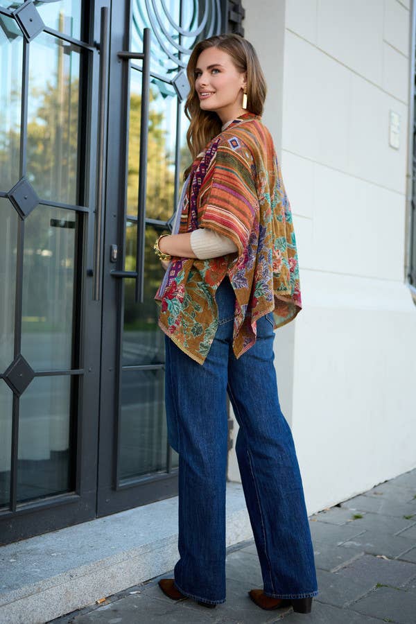 Thalia Floral Geometric Short Open Poncho