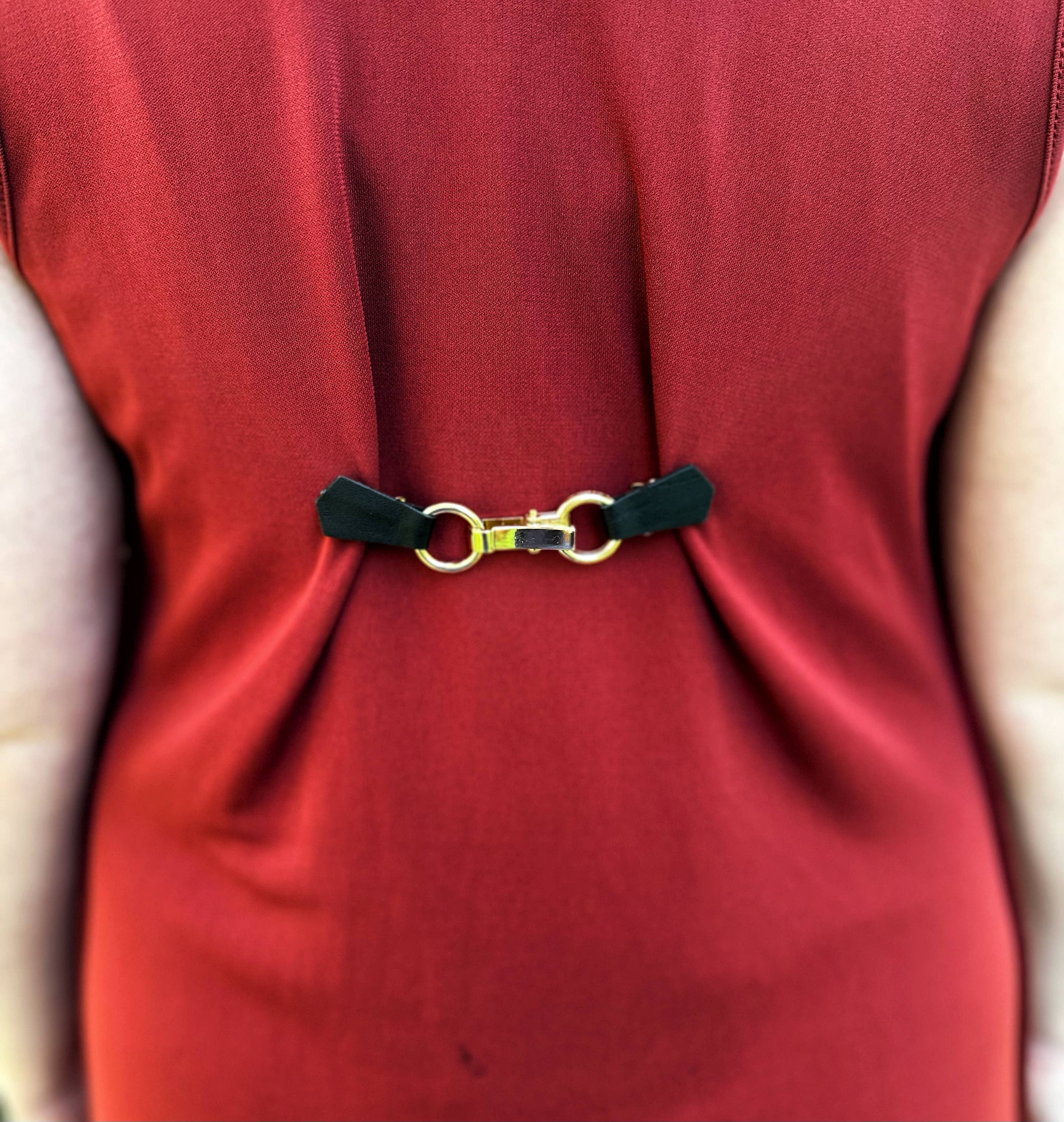 Gold Buckle & Black Leather Cinch Clip for Dress, Cardigan