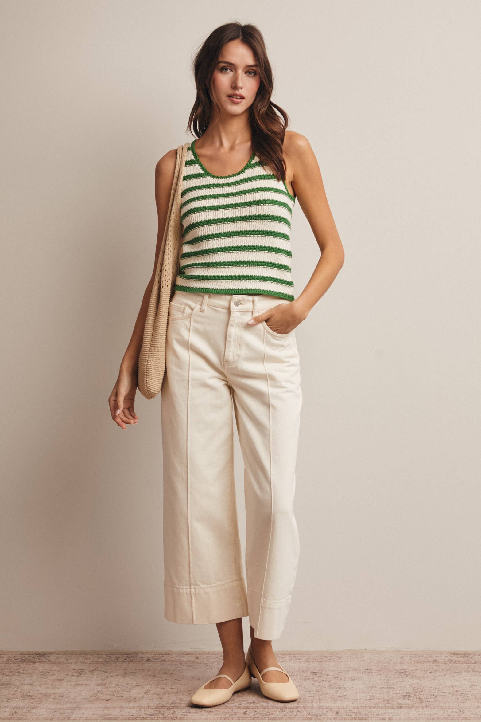 Green Striped Crochet Knit Tank