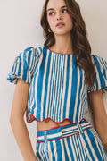 Stripe Scalloped Puff Sleeve Crop Top