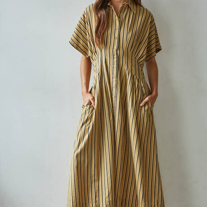 Summer Striped Collar Button-Down Flare Dress
