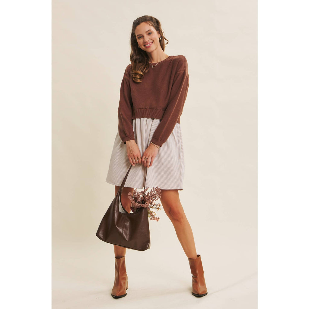 EASY COFFEE DATE BACK RIBBON TWOFER MINI SWEATER DRESS