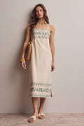 Embroidered Straight-Neck Cotton Midi Dress