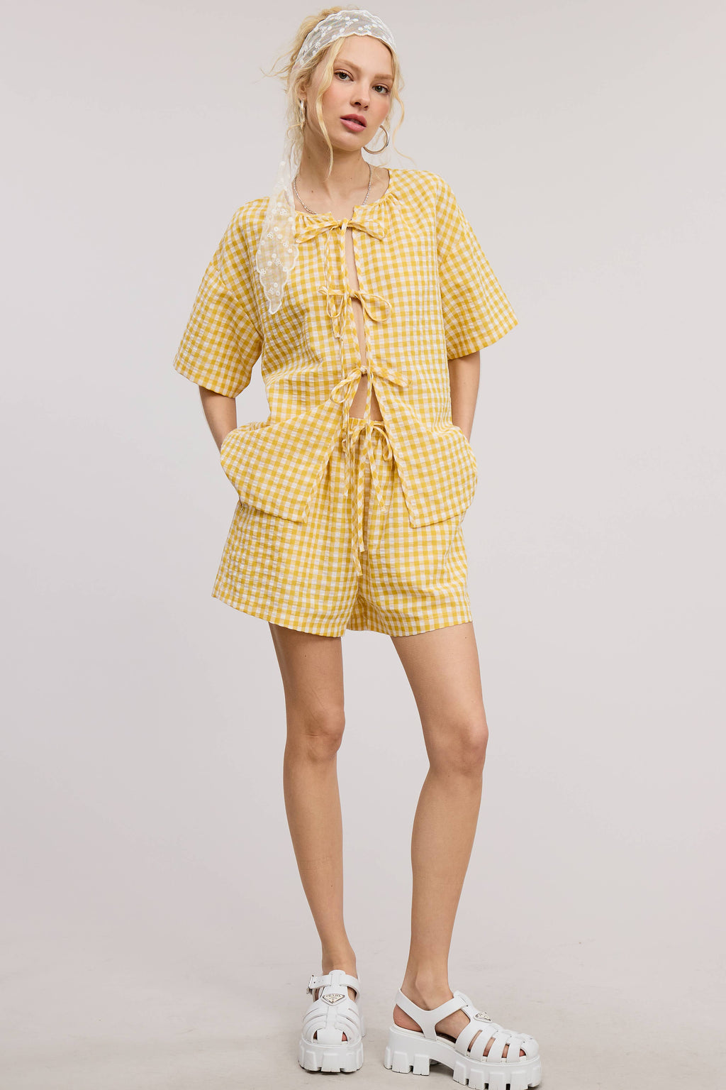 Gingham Ribbon Tie Top & Shorts Set