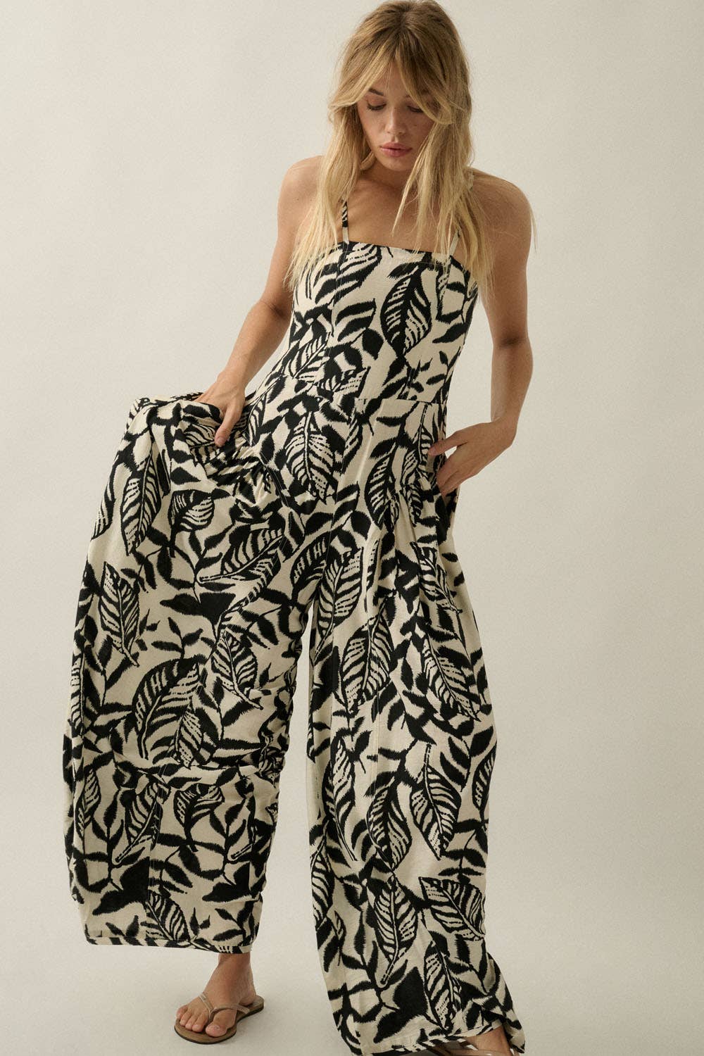 Tropical-Print Wide-Leg Pocket Cami Jumpsuit