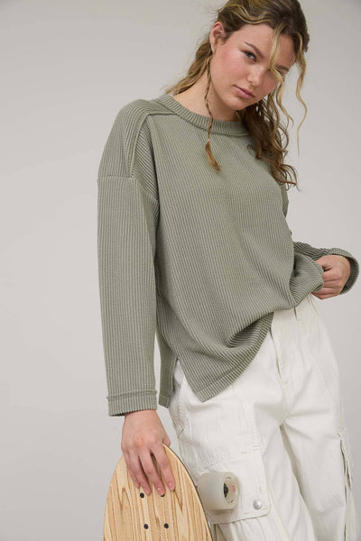 CREW NECK RIBBED LONG SLEEVE KNIT TOP (PRE-ORDER)