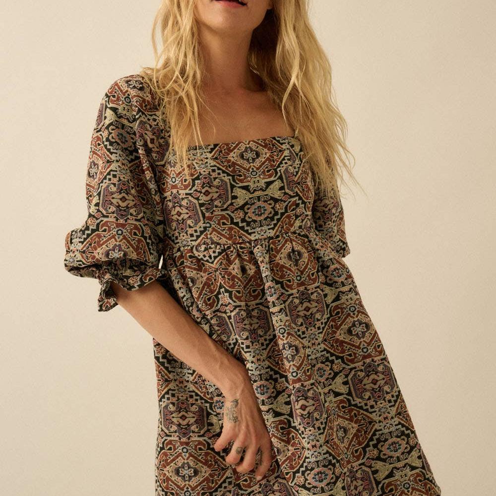 Ornate Jacquard Tapestry Babydoll Mini Dress