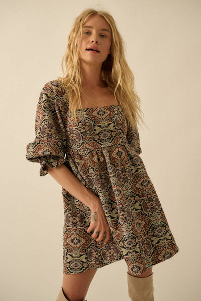 Ornate Jacquard Tapestry Babydoll Mini Dress