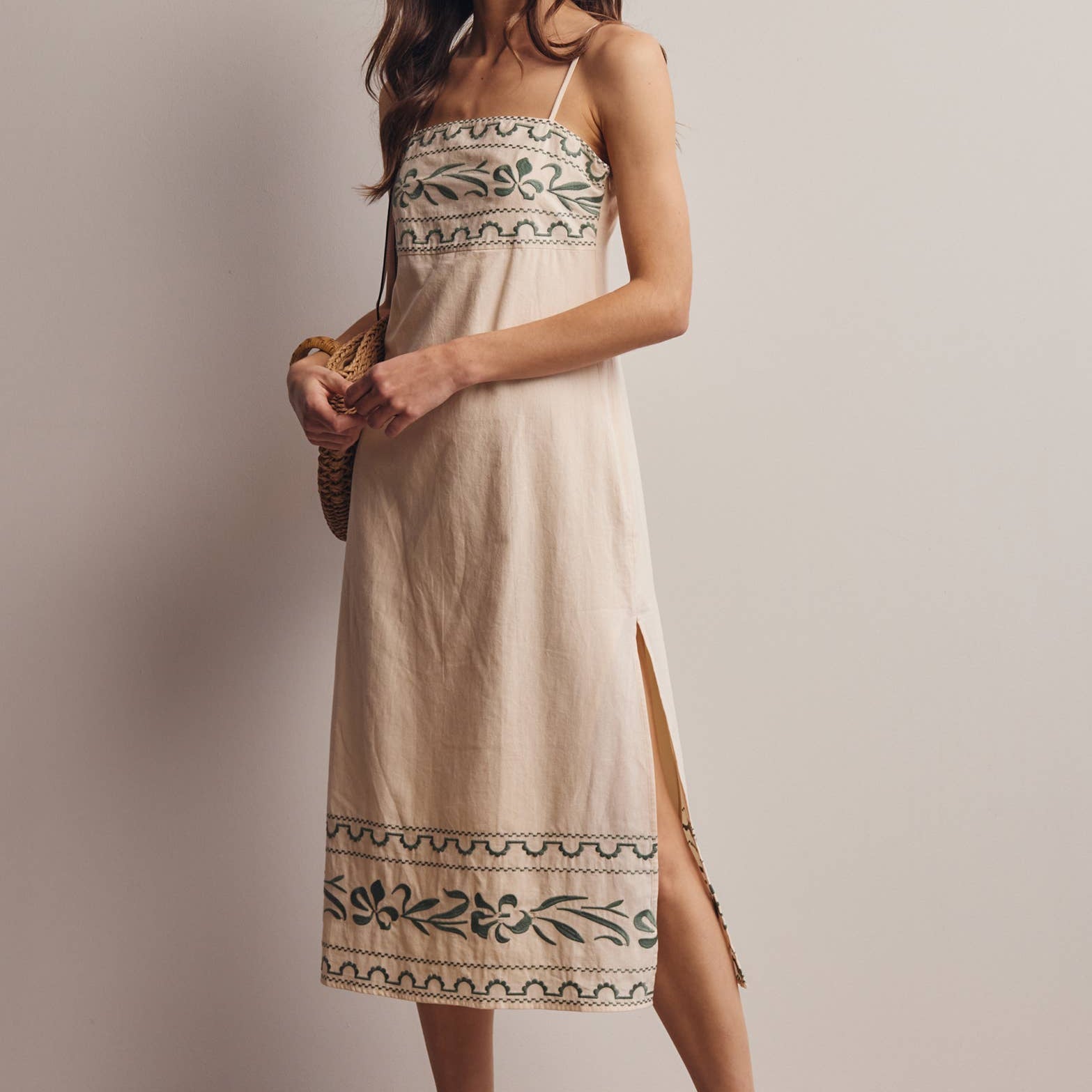 Embroidered Straight-Neck Cotton Midi Dress