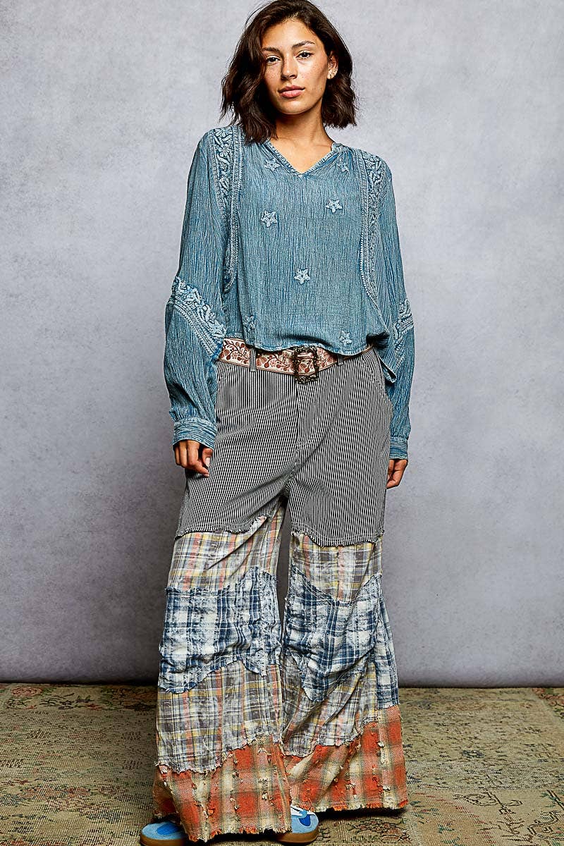 Vanessa V-neck Long Sleeve Floral Embroidered Cotton Woven Top