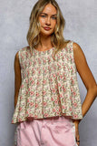 Round Neck Double Gauze Pintuck Floral Sleeveless Top