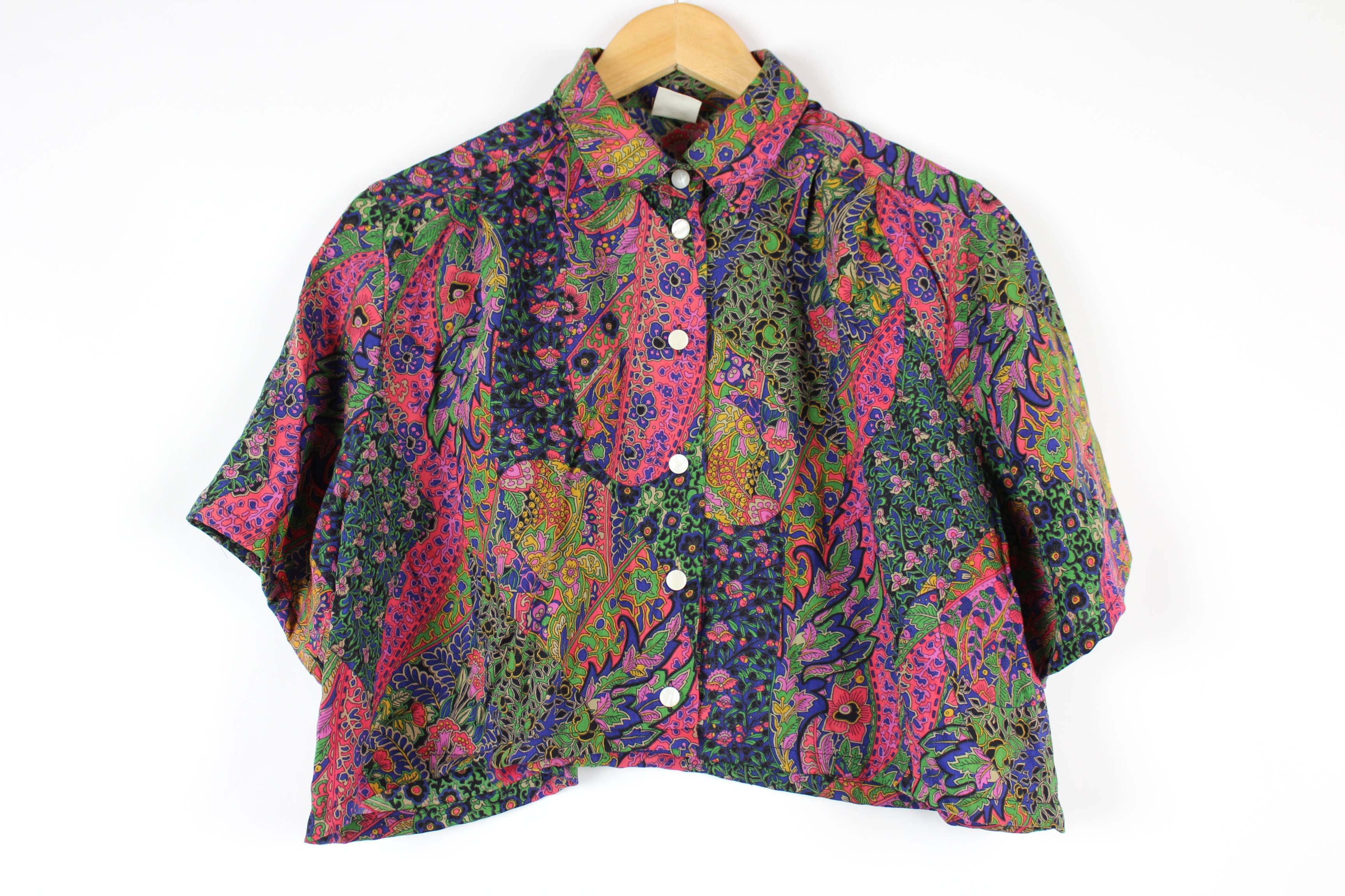 Reworked Vintage Short-Sleeve Button Up Blouse - Cropped