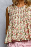 Round Neck Double Gauze Pintuck Floral Sleeveless Top