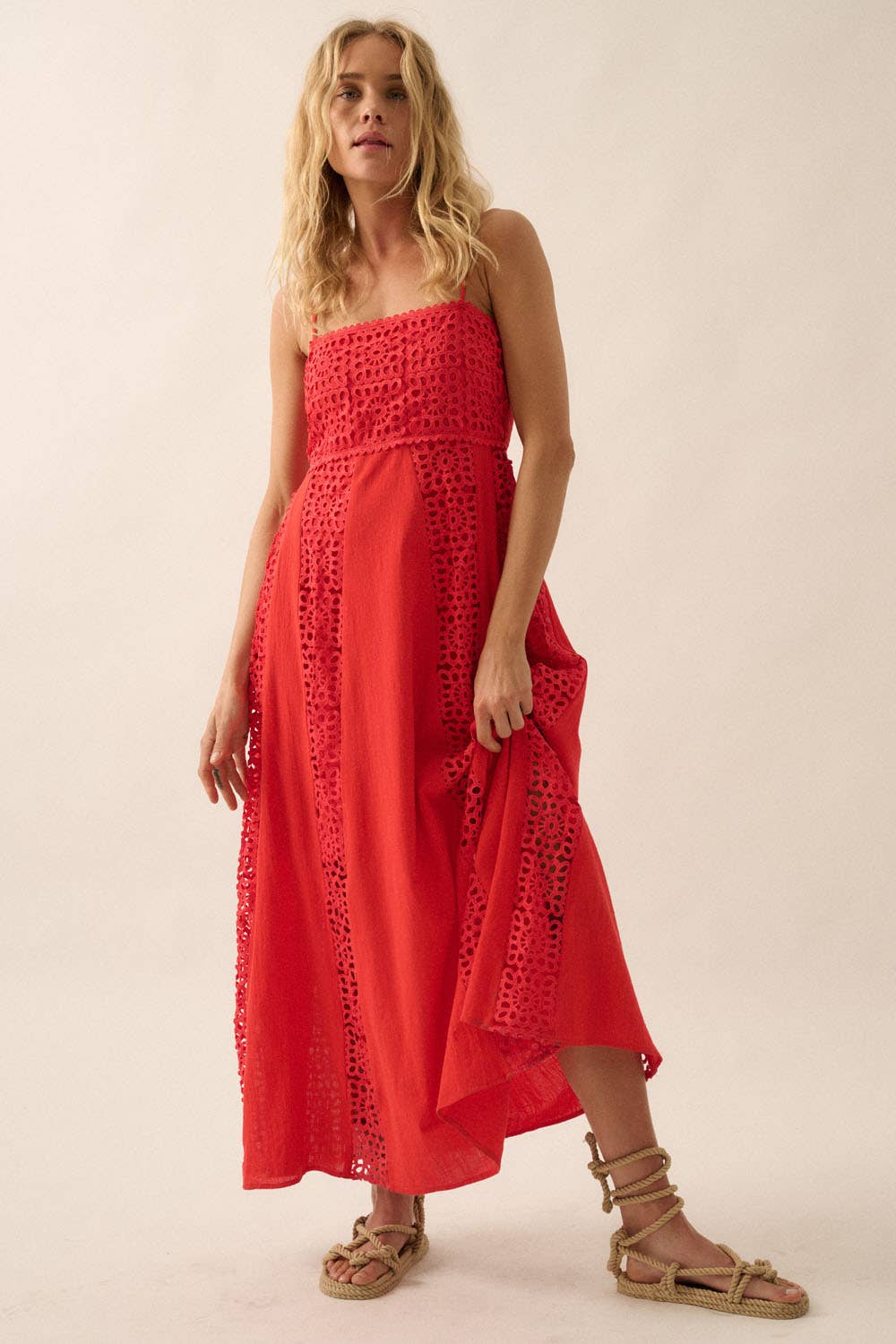 Lace and Crepe Paneled Maxi Dress