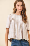 Pleated Detail Round Neck Short Metallic Top