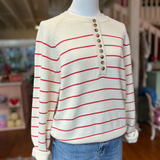 Red and Cream Striped Henley Sweater